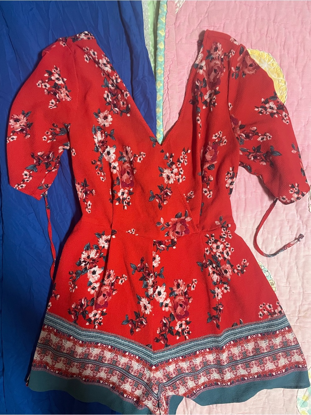 Trixxi Red Floral V-Neck Short Romper with Border Print